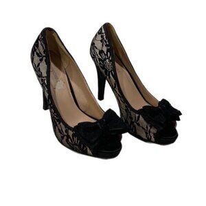 Charming Charlie | Black and Cream Bow Peep Toe Lace Pumps Heels 7.5